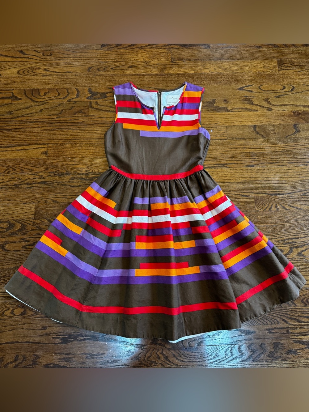 Kate Spade Striped Fit & Flare V-Neck Lined Zip Knee-Length Dress Size 8